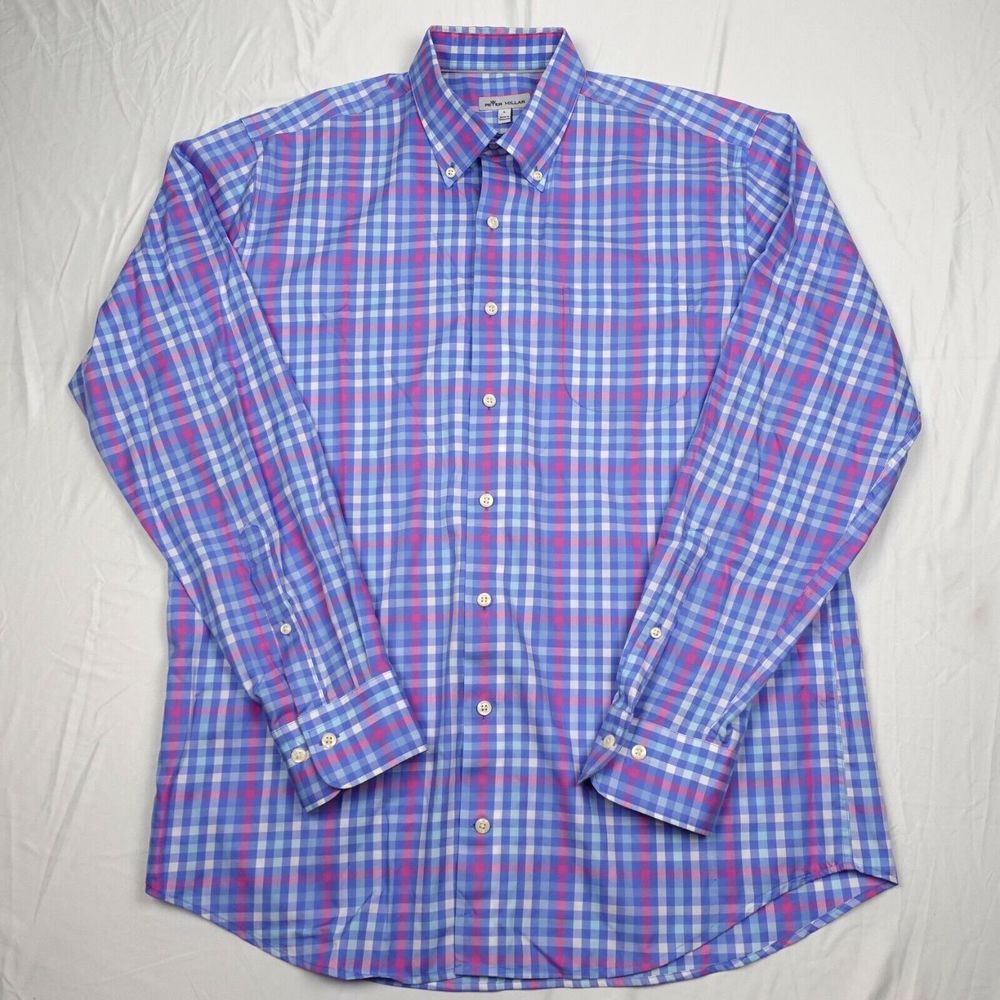 Peter Millar Casual Shirt Adult Large Button Up Purple Plaid Men Long Sleeves